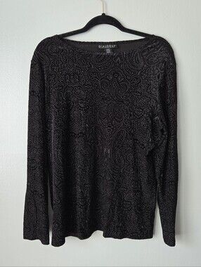 Dialogue Velvet Paisley Velour Top Black Burnout Sheer Long Sleeve Size Large